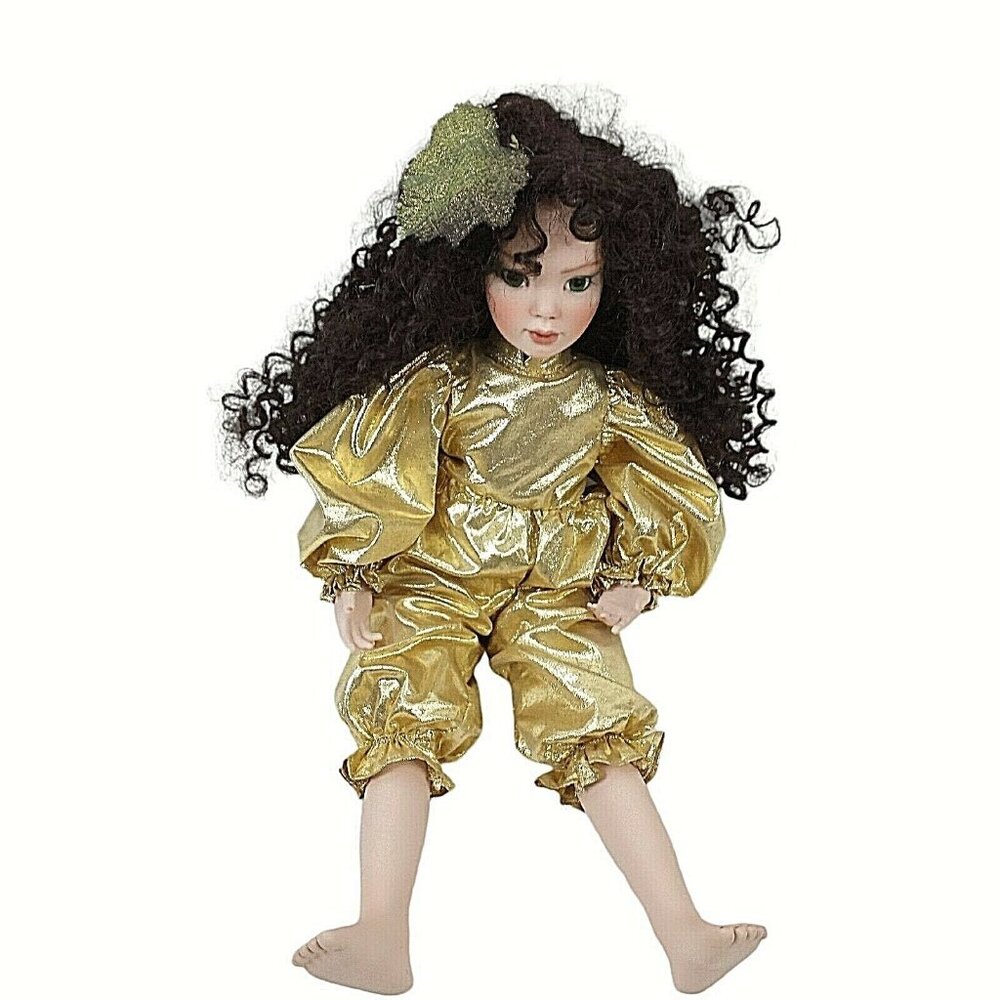 Vintage Porcelain Doll With Curly Hair & Gold Outfit By Global Dolls